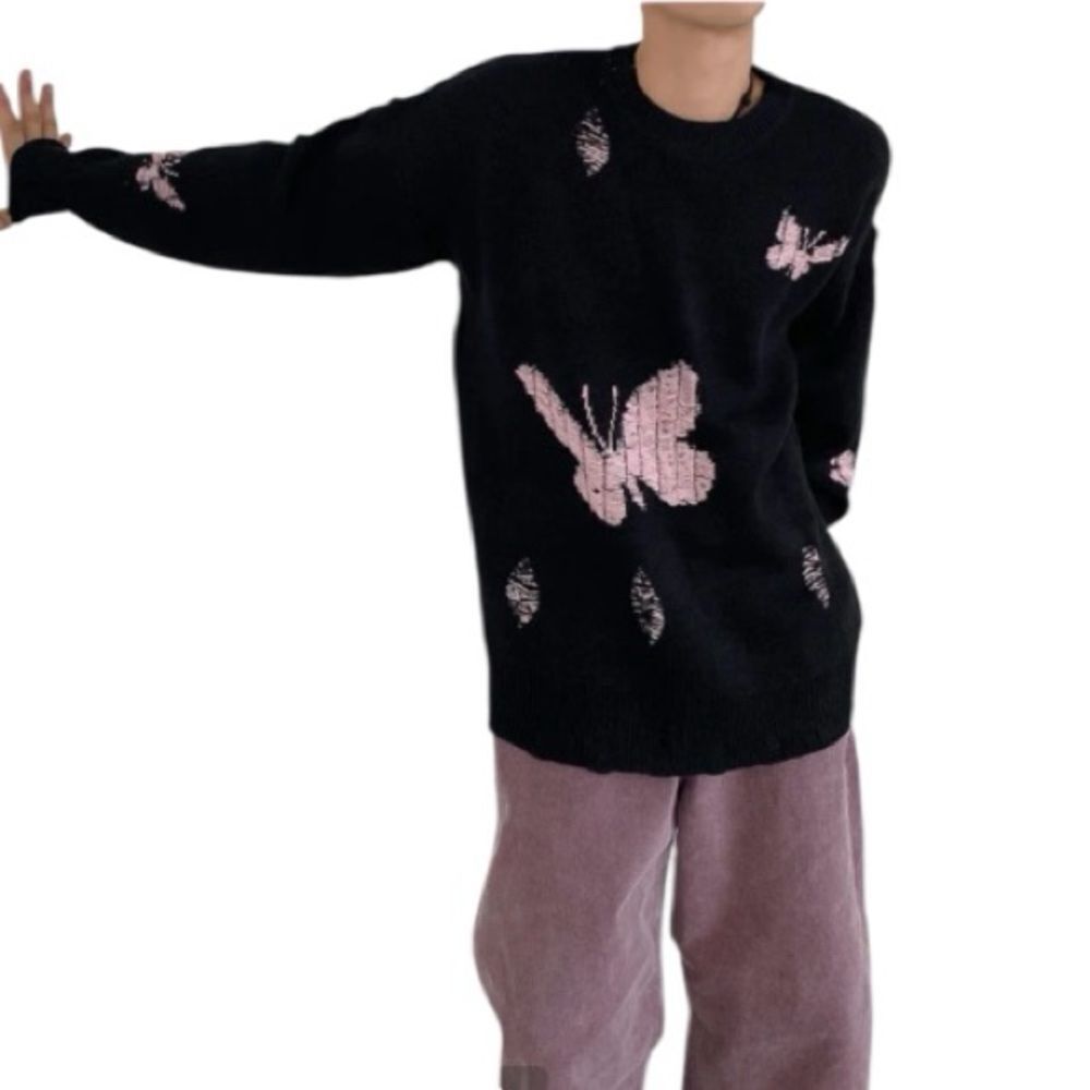 Santo Black Knit Sweater with Pink Butterfly and Distressed Design Size M - Picture 4 of 8
